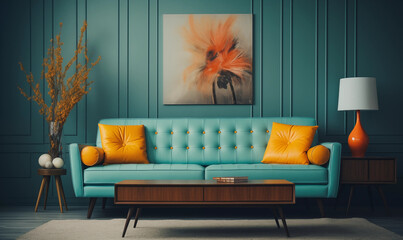 Mid Century Modern Teal Sofa Orange Pillows Teal Walls