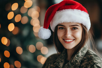 Generative AI image of military man or woman in Santa hat during holiday celebration family, perfect for festive homecoming themes