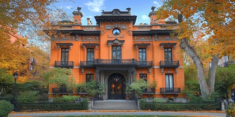 A stunning example of historic architecture, this beautifully preserved orange mansion is surrounded by vibrant autumn foliage, exemplifying elegance and charm