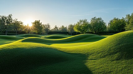 Landscape green lawn on the morning with Blue sky on the background. smooth lawn with curve form of bush, trees on the background under morning sunlight. Generative ai