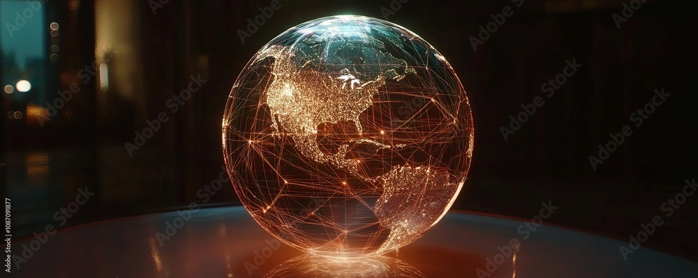 Poster innovative holographic globe displaying smart contract nodes technology showcase urban environment i