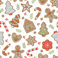 Seamless pattern Christmas theme with ginger breads, candies, Christmas tree, stars. Vector illustration.