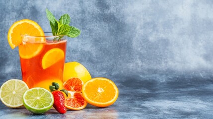 Fototapeta premium Vibrant Citrus Beverage with Fresh Fruit and Mint on Rustic Wooden Table