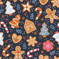 Seamless pattern Christmas theme with ginger breads, candies, Christmas tree, stars. Vector illustration.