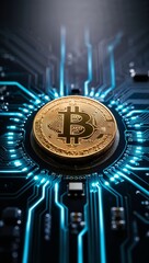 Bitcoin coin centered on electronic circuit board with blue glowing lines symbolizing technology and finance