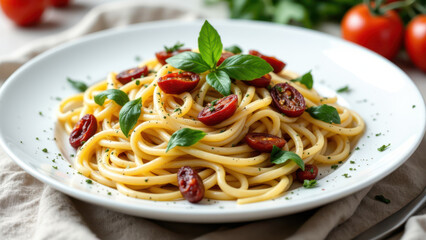 A plate of Mafaldine pasta with tomatoes and fresh herbs on a woven placemat.