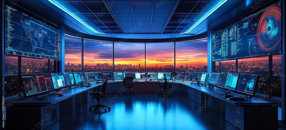 Poster ai-powered cybersecurity command center managing digital threats with advanced technology