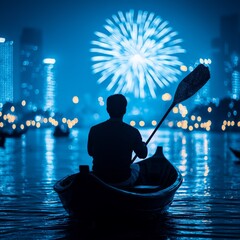 Silhouetted man kayaks on water, watching fireworks over city skyline at night.