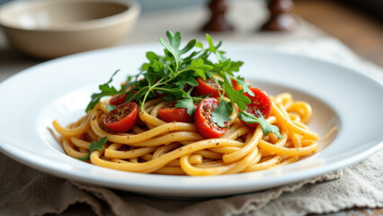 Mafaldine pasta with vegetables on a plate, garnished with herbs.