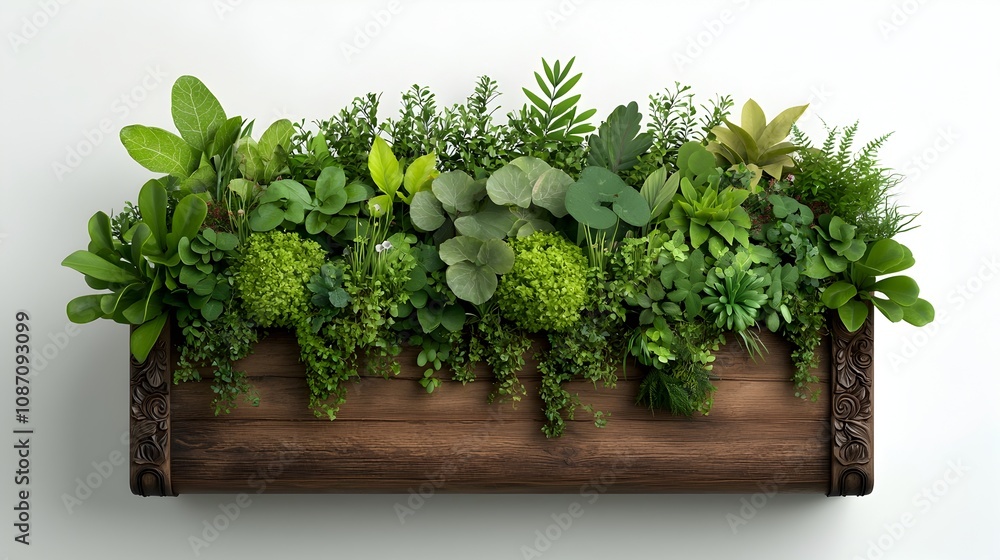 Poster ornate wooden planter box overflowing with a lush verdant display of trailing vines and leafy housep