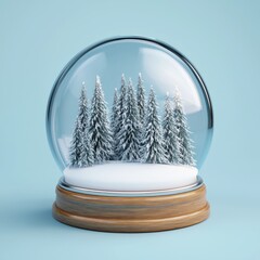 Snow globe with miniature snow-covered pine trees on a wooden base against a light blue background.