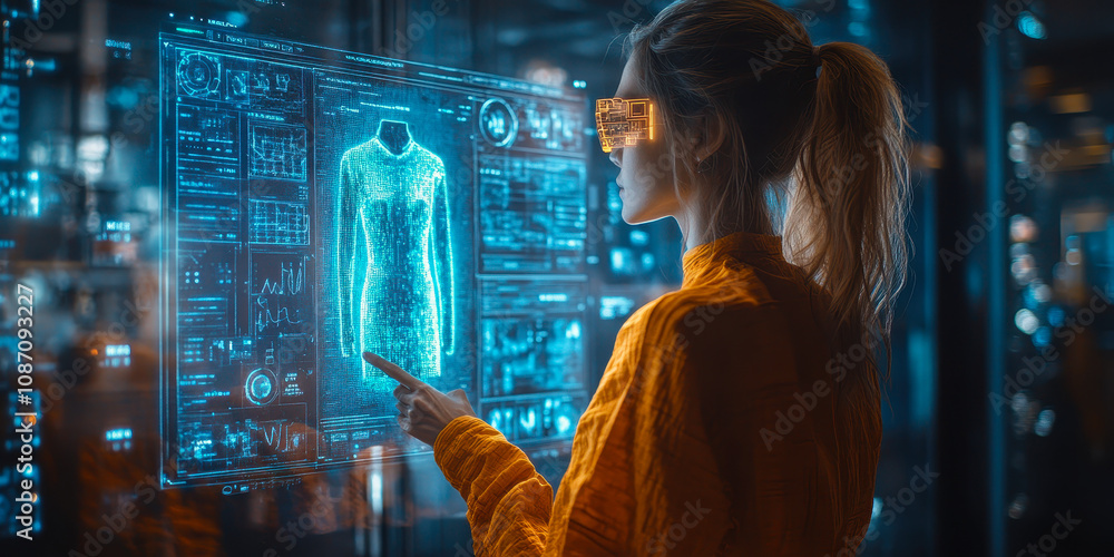 Poster fashion designer using ai interface for digital outfit creation in futuristic workspace