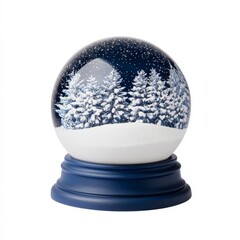 Snowy winter scene inside a glass snow globe on a dark blue stand.