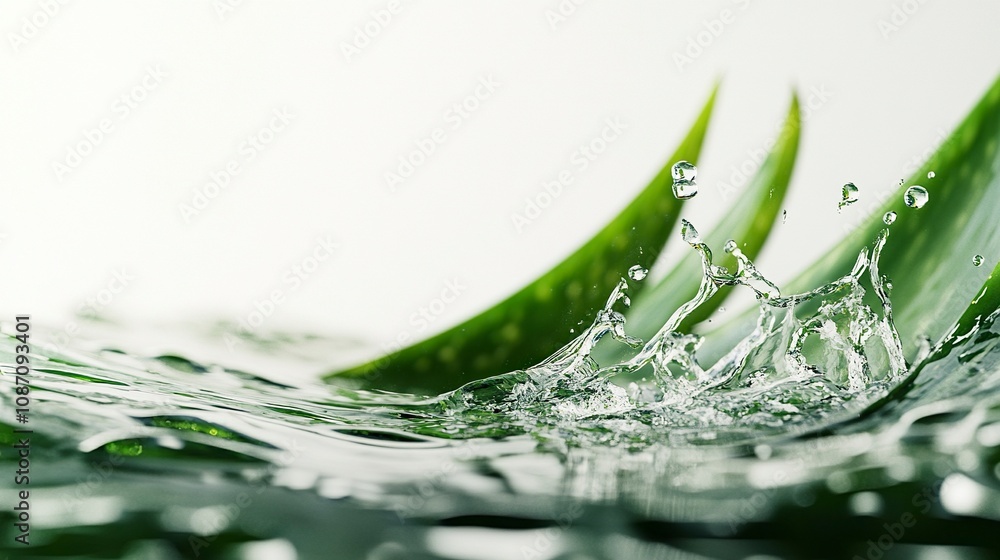 Poster close-up image capturing the dynamic splash of water on lush aloe vera leaves with a clean white bac