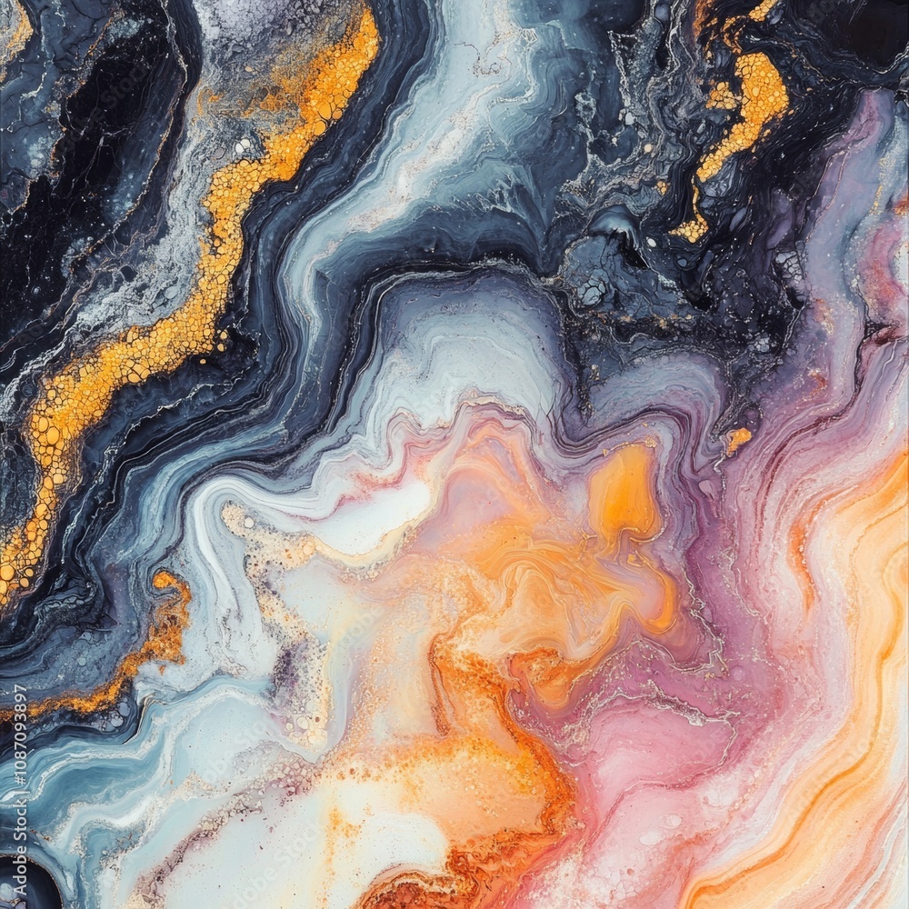 Poster dark fluid marble with pastel highlights, swirling patterns create a captivating visual depth and el