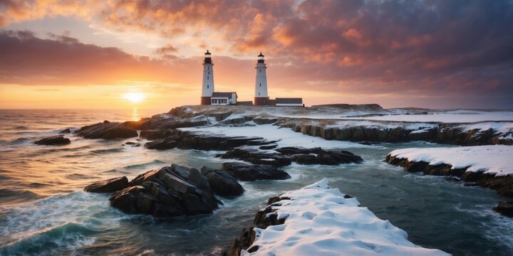 Stunning sunset view of twin lighthouses along a rocky shore in winter