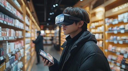 Augmented Reality Shopping Experience: Customer Using AR Glasses for Enhanced Retail Exploration
