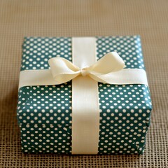 Teal polka dot gift box with cream ribbon.