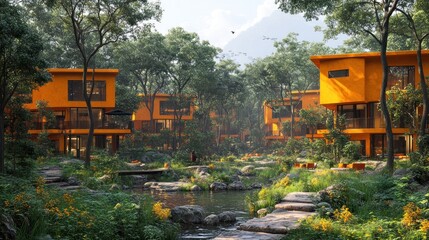 Obraz premium Modern eco-friendly housing amid lush greenery and water features.