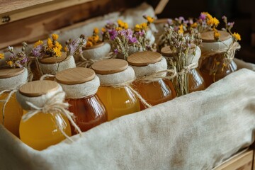 A box of honey jars with wooden tops and  wildflowers wrapped around the lid, in an open wood chest on linen cloth. Sustainable glass packaging for organic products concept.