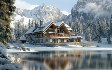 Obraz premium Traditional Alpine Lodge: A picturesque, old-style home with wooden beams and a snow-covered facade, overlooking a serene frozen lake, surrounded by frosty pine trees and rolling snowy hills.