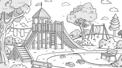A whimsical playground scene with a tall play structure swings and benches nestled among shady trees
