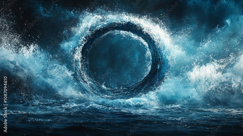 Poster abstract graphic featuring the enso symbol intertwined with ocean waves, vibrant colors, dynamic com