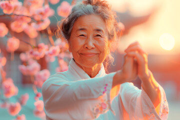 Obraz premium Elderly Asian woman practices tai chi at sunset by cherry blossoms