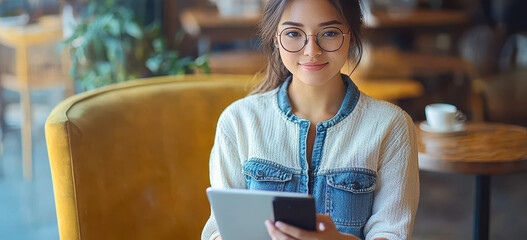 Young Asian Businesswoman Using Mobile and Laptop at Coffee Shop for Online Work