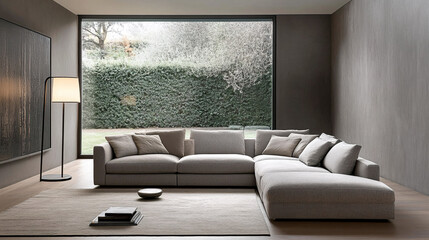 Modern Sectional Sofa in Minimalist Living Room with Garden View.