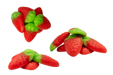 Jelly strawberry candies isolated on a white background. Top view. Delicious gelatin candies.
