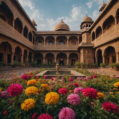 Fototapeta premium Vibrant blooms in an Indian palace courtyard surrounded by intricate architecture.