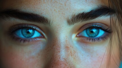 Fototapeta premium A close-up image of strikingly vibrant blue eyes framed by dark eyebrows, capturing profound expression and detail in a subtle photographic composition
