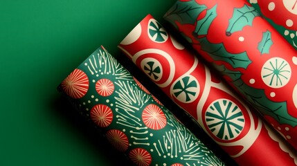 Christmas gift wrapping paper rolls  on green background, christmas background
