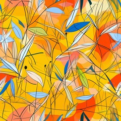 A yellow and blue leafy pattern with a blue leaf in the middle