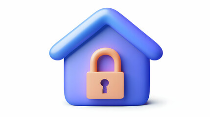 3D Render of a Blue House Icon with a Padlock Inside, Representing Security and Protection