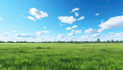 View of an open grass field in nature, bright day, in the morning, short grass, mostly blue sky.