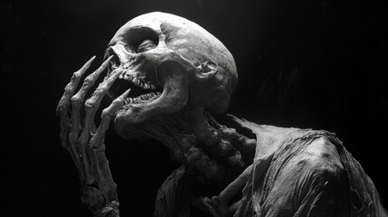 A haunting and detailed artistic depiction of a skeletal figure in a dramatic pose evokes a sense of mystery and timelessness in a monochromatic setting, inviting multiple interpretations