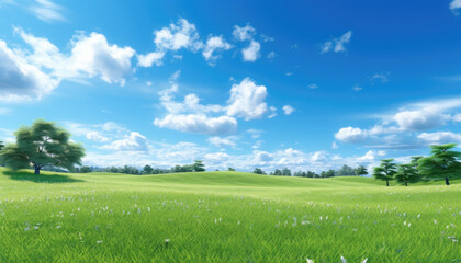 View of an open grass field in nature, bright day, in the morning, short grass, mostly blue sky.