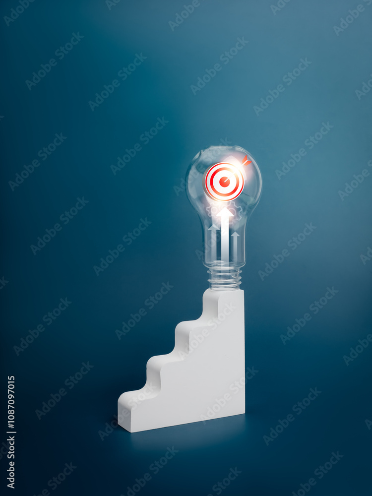 Poster 3d target icon inside lightbulb stand on top of white staircase as bar graph chart steps on blue bac