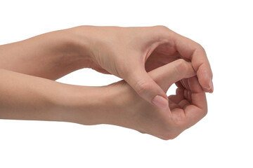 Woman hands with nude manicure isolated on a white background.