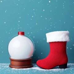 White Christmas ornament and Santa boot on teal background with snowfall.