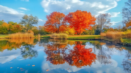 
Colorful foliage tree reflections in calm pond water on a beautiful autumn day