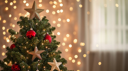 background of a fir tree and fairy lights  in soft orange colors