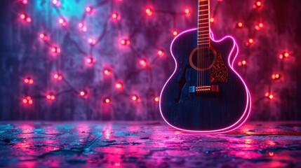 Fototapeta premium Acoustic Guitar Under Neon Lights