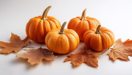 Small pumpkins are arranged with dried maple leaves on a white background