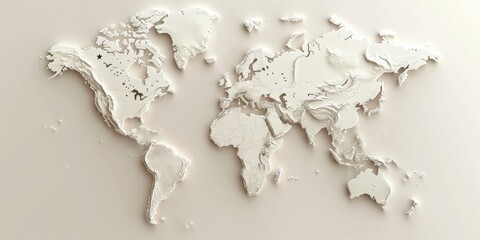 3D World Map Relief White on Beige Background