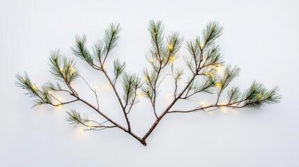 pine branch with christmas lights against white background