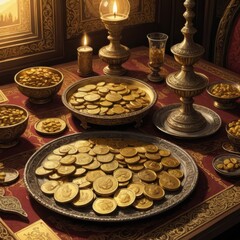 Gold coins arranged on decorative plates with candlelight