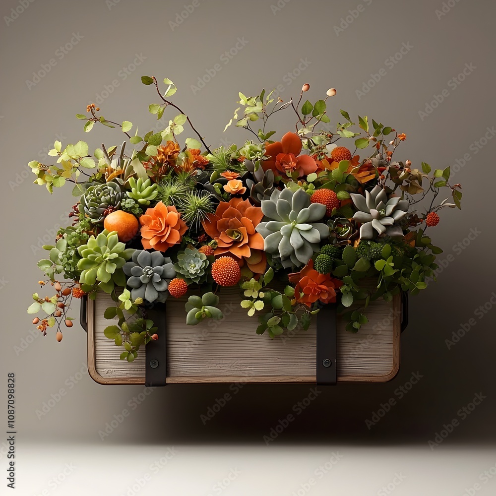 Aufkleber weathered wooden window planter overflowing with a wild mix of succulents cacti and trailing vines u